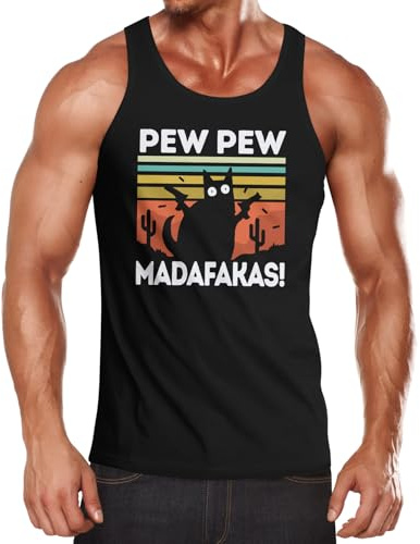 MoonWorks® Herren Tanktop Pew Pew Madafakas! Schwarze Katze Spruch Meme lustig Muscle Shirt Achselshirt