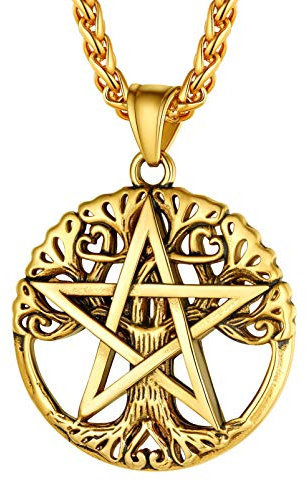PROSTEEL personalisiert Pentagramm Kette 18k vergoldet Baum des Lebens Anhänger mit 55+5cm Weizenkette Solomon Satan Modeschmuck Glückbringer Amulett Modeschmuck für Weihnachten