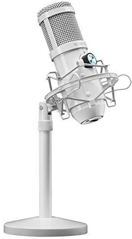 Mars Gaming MMICX, Micrófono de Estudio USB Profesional con Doble Cápsula Cardioide/Omnidireccional, Alta Definición 96Khz, Soporte Antivibraciones, Jack sin Latencia, Carcasa Metálica, Blanco
