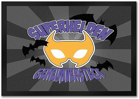 Superhelden Geheimversteck Fußmatte in 35x50 cm im Comicdesign mit Fledermäusen eine coole Fledermaus-Superhelden Fußmatte in 35x50 cm als Dekoration für das Kinderzimmer von deinem kleinen Helden