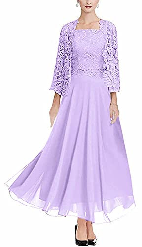 TSxuelian Vestido de mujer de dos piezas de encaje madre de la novia con manga larga chaqueta madre vestido para boda, Lila, 38