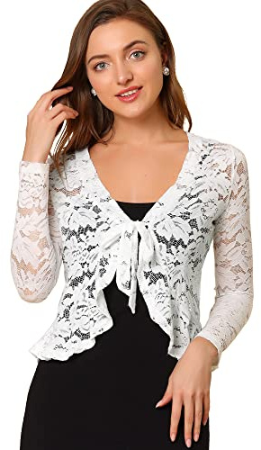 Allegra K Damen Spitzenbolero Langarm Bolero Durchsichtig Rüschensaum Crop Blumen Shrug Weiß M