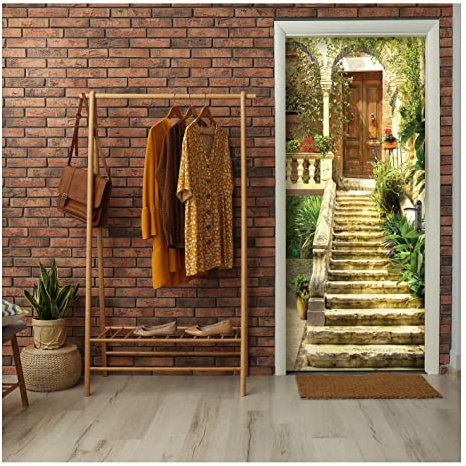 Türtapete Selbstklebend Küche Gasse Treppe 3D - 91x211 cm einteilig - Türposter Fototapete für Tür Schlafzimmer Badezimmer Türaufkleber Türfolie UV-Beständig Montagefertig
