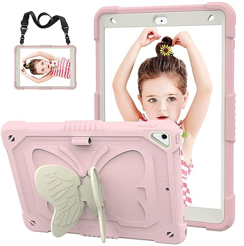 HOGENL Funda para iPad 10,2 Pulgadas 9.ª/8.ª/ 7.ª Generación 2021/2020/2019, iPad 10.2 Case Dura Cubierta Protectora Carcasa con Plegable Soporte de Mariposa & Correa para el Hombro, Rosa
