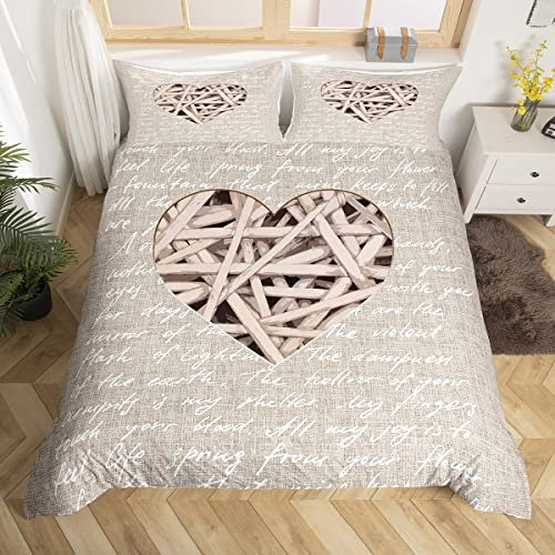 Ensemble de housse de couette imprimé coeur Beige Lettres Caractère Parure de lit pour femmes hommes couple amoureux belle housse de couette 220x240cm microfibre, couleur bois naturel 3 pièces