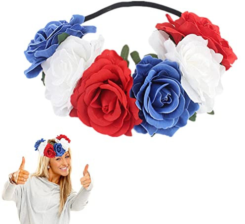 Bandeau élastique pour femme - Bleu rouge et blanc - Couronne de fleurs roses - Accessoire de cheveux hawaïen