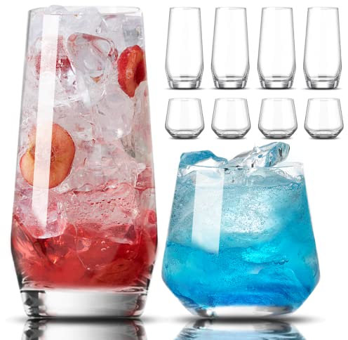 Mfacoy Set di 8 bicchieri alti e 4 bicchieri da vino corti senza stelo, bicchieri Highball, bicchieri da caffè ghiacciato, set di bicchieri per cocktail, birra, vino, whisky, acqua e succhi di frutta