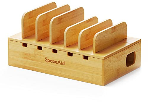 SpaceAid Bamboo Charging Station for Multiple Devices, Cell Phone Docking Stations for Multi Laptop, Tablets and iPads, Nightstand Bedside Desk Device Charger Organizer (Natural)