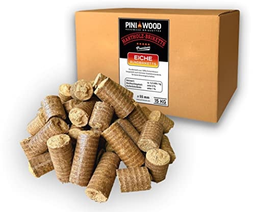 PINI Briquetas de madera de roble, 15 kg, 100 % roble, larga duración de combustión, alto valor calorífico, ideal para chimenea y estufa