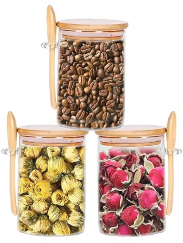 3Pcs Bocal En Verre Avec Couvercle Et Cuillere, 20oz Pot Verre Avec Couvercle Bois, Bocaux en Verre Hermétique Pot En Verre Avec Couvercle Bois, Pour Café, Thé, Sucre, Biscuits, épices Et Plus Encore