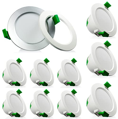LIGHTWORLD24 10 Stück dimmbare Bad LED Einbauleuchten IP44-9W warmweiß - kaltweiß - neutralweiß - runde Deckenspots 230V Cover - Weiß - Silber CCT-Einbaustrahler