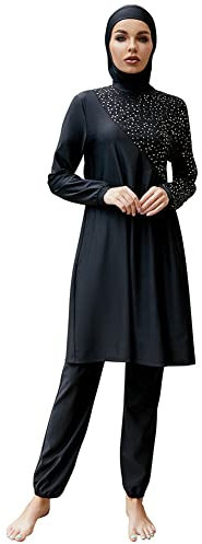 IWEMEK Burkini Damen Muslim Ganzkörper Badeanzüge Langarm Schwimmkleid + Bade Leggings Schwimmhose + Hijab 3tlg Sonnenschutz Bademode Islamische Schwimmanzug Arabisch Badebekleidung Schwarz 07 XL