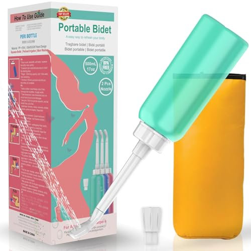 Tragbares Bidet mit 2 Düsen + skalierbarem Schlauch – 500 ml Reise-Bidet – Dammwaschflasche für die postpartale Pflege 481.9 g Handheld Personal Bidet – Intimwäsche für Frauen (grün)