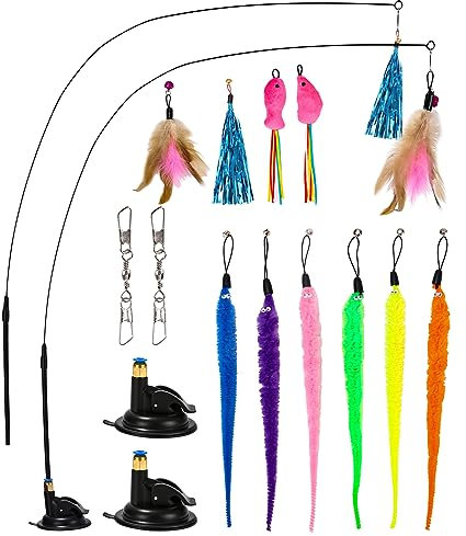 LEAZZLE 16 Pièces Jouet à Plumes pour Chats,Jouets interactifs, Chat Kit Contient2 bâtons drôles de Baguette rétractable pour Chat et Remplacement de 14 Plumes/Insectes/Rats avec Cloches