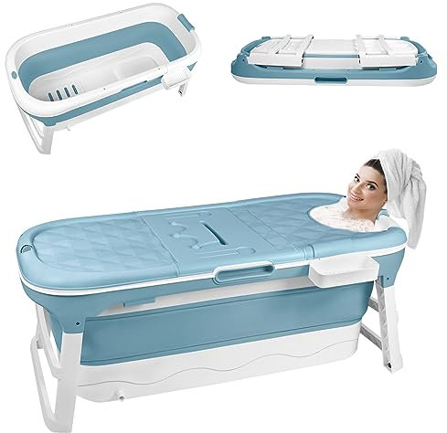 SUBTLETY Faltbare Badewanne Erwachsene Tragbare Klappbadewanne mit Abdeckung Seifenkorb & Massagerollen Wannen zum Aufstellen in der Dusche Ideal für Kleine Badezimmer SPA (128 x 60 x 52 cm, Blau)