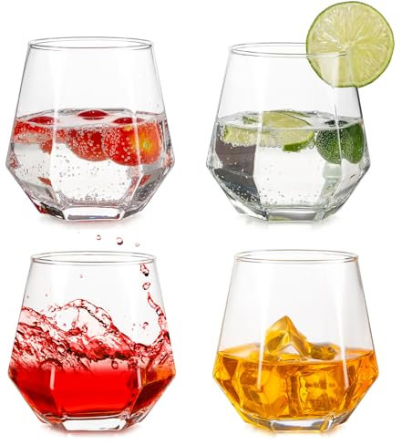 Inweder Trinkgläser 4er Set - Stiellose Weingläser Au Wodka Gläser Old Fashioned Whiskey Gläser Kraken Rum Glas Geometrische Whisky Tumbler Geschenkset für Männer Geburtstag Vatertag Jahrestag