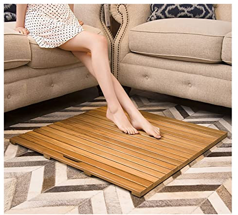 Tapis de bain de douche en teck pour personnes lourdes enfants âgés, grand tapis de douche extérieur en bois antidérapant avec protection thermique, tapis de porte d'entrée portable avec poignée