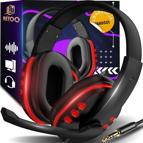 Retoo Cuffie da gioco, Cuffie con cavo per PS4, PS5, PC, Xbox, Cuffie da gioco con microfono, Cuffie cablate con microfono, 18 cm x 18,5 cm x 7 cm, Nero-Rosso