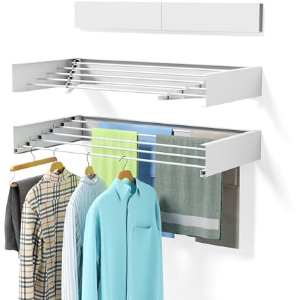 Étendoir à linge pliable, à montage mural, 101,6 cm de large, 4,9 m linéaire, 5 tiges en aluminium, capacité de 27,2 kg, étendoir à linge pour sécher les vêtements avec modèle mural (blanc, 101,6 cm,