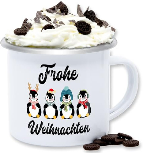 Emaille Tasse Blechtasse - Weihnachtstasse - Frohe Weihnachten - Pinguine - 300 ml - Weiß Silber - weihnachts weihnachtliche swiateczne weinachs weihnachtsmotive weihnachtlicher merry christmas