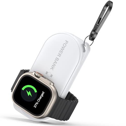 Facbiny Portable Wireless Watch Charger, 1200mAh Magnetic Keychain Wireless Power Bank with Type A-C Cable, Travel for Apple Watch Series 9/8/7/6/5/4/3/2/SE2/SE/UItra/UItra 2, White