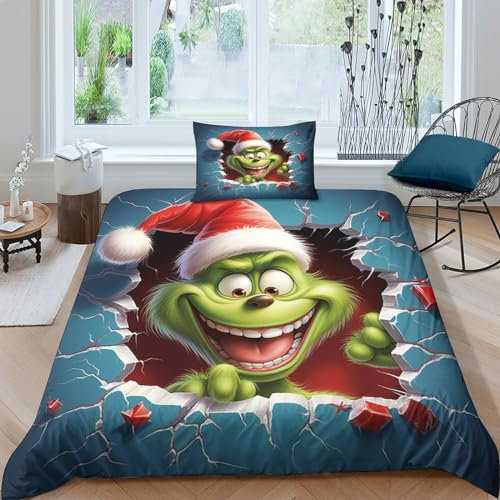 ITOMEN Weihnachts-Grinch Für Kinder Mädchen Jungen Bettwäschegarnitur Bettbezug Set 3D Gedruckter Weihnachten Und Kissenbezüge Bettwäsche Reissverschluss Weich Microfaser 2 Teilig Single(135x200cm)