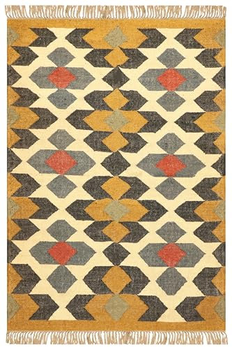 CASAVANI - Quadratischer Kelim-Teppich, 1,2 m, Gelb & mehrfarbig, Wolle und geflochtener Jute-Teppich, für drinnen und draußen, Flachgewebe, Teppich, stark frequentierte Fläche, Schlafzimmer,