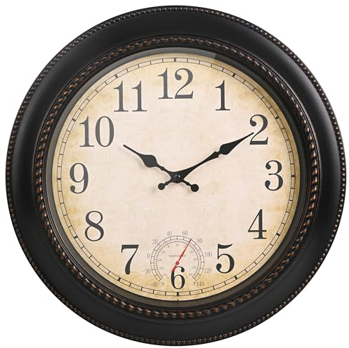 Outdoor Clock 18 Inch Large Wall Clocks with Thermometer for Living Room Patio Pool Garden-Retro Style (Bronze)