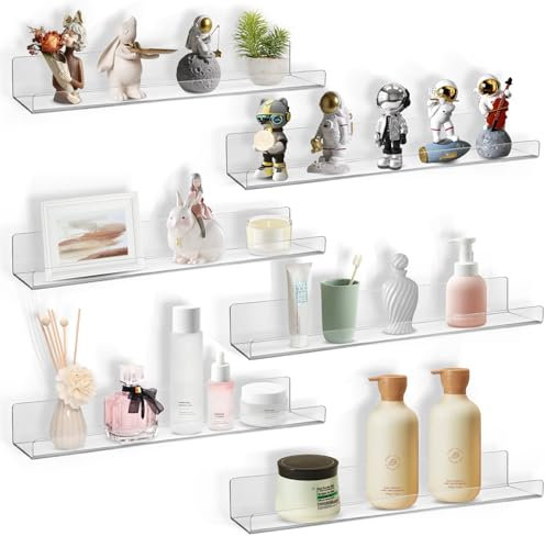 Boxalls Acrylic Clear Shelves - 6 Pack, 15 Inches Wall Storage Organizer Floating Shelf for Bathroom, Bedroom, Kitchen Variety Room, High Transparency Acrylic Waterproof Shelves