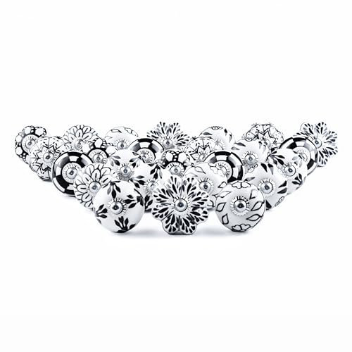 RAJRANG Lot de 25 boutons de placard ronds en céramique noir et blanc peints à la main Motif floral antique