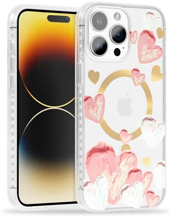 SCORPIFY Custodia compatible con iPhone 15 Pro Max [Compatible con MagSafe] con motivo a cuore rosa, graziosa cover magnetica per telefono per donne e ragazze, paraurti con dettagli dorati