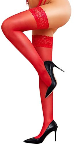 RSLOVE Calze autoreggenti da donna, sexy, in pizzo, calze in nylon, con silicone antiscivolo, Colore: rosso, Taglia unica