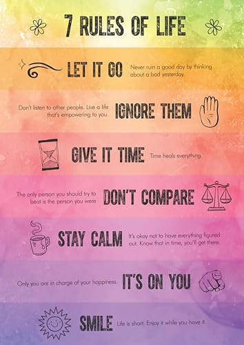 7 Rules of Life Poster & Prints – ungerahmt Posterdruck für Wohnzimmer, Schlafzimmer oder Büro – inspirierendes und motivierendes Design – A3 (30 x 42 cm) Kunstposter (Bunt)