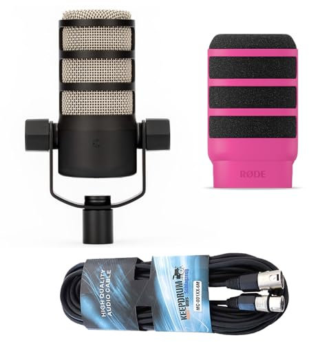 Rode Podmic Microphone professionnel pour podcast + protection anti-pop WS14P Deluxe Rose + câble XLR Keepdrum