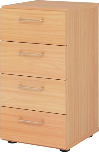 bümö smart Schubladenschrank, Büroschrank in Buche mit 4 Schüben - Bürocontainer aus Holz, Container mit Metallgriffen & Soft-Stop Schubladen