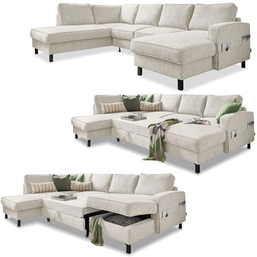 MIUFORM Molly U mit Bettkasten | limitierter Polsterstoff | 8 Sitzer Ecksofa | L-Form Links | 298 x 198 x 88cm Couch | Klappsofa mit Schlaffunktion | Schlafsofa klappbar (Beige)