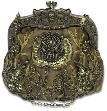 CORIOS Vintage 1920s Abendtasche Damen Floral Clutch Tasche Handgemachte Perle Handtasche Klein Tasche Elegante Schultertasche Kette Umhängetasche für Hochzeit Bankett-Party Abschlussball Armeegrün