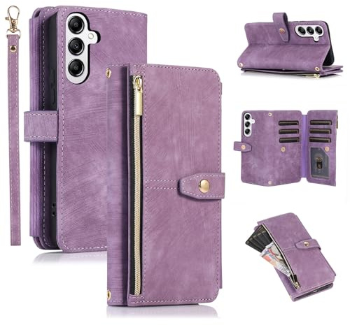 UEEBAI Wallet Case for Samsung Galaxy S24 FE, 9 Card Slots Retro Leather Wallet Shockproof Flip Cover with Hand Strap Card Slots Zipper Pocket Kickstand Handbag Magnetic Closure - Purple
