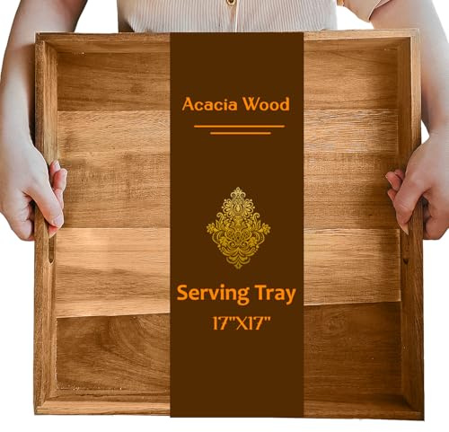 Large Acacia Wood Serving Tray, 17 Inch Square Ottoman Tray with Handles, Big Wood Platter for Living Room, Oversized Wooden Trays for Ottoman Decorative Food Coffee Table Party Bed Dinner Topper