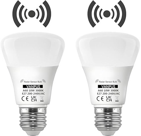 Vanpus Motion Sensor Light Bulb, E27 LED Light Bulb, Auto On/Off Radar Sensing Bulb, 10W Warm White (2700k),Dusk to Dawn Light Bulbs, Garages, Corridors, Courtyards, etc (2 Pack)