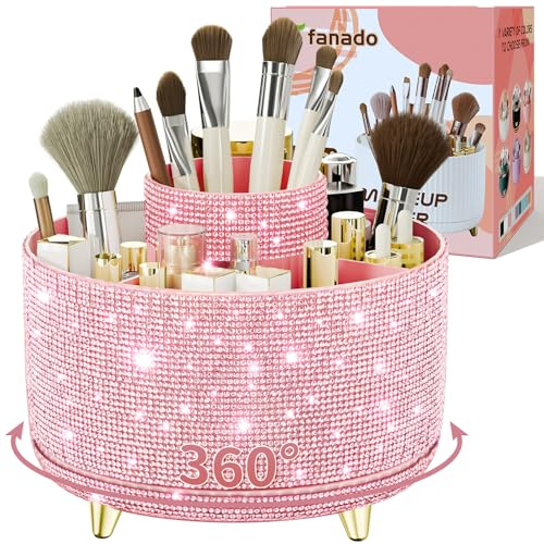 Bling Diamond Makeup Brush Holder, 360° Rotating Makeup Organizer, 5 Slot Make up Brushes Cup for Countertop, Storage for Cosmetics Pen Eyeliner Skincare on the Vanity (Diamond Pink)