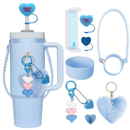XPHZZL Stanley Cup Accessories Set, 8PCS Decor, Includes Splash Cover, Coaster, Straw Cover, Water Bottle Handle Strap, Charms for 40oz and 30oz Tumbler - Blue
