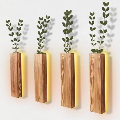 Btstil 3 Stück Holz Wandvase, Wand Pflanzgefäß Heimdekoration, Hängende Pflanzgefäße aus Holz für Trockenblumen Und Künstliches Grünpflanzen (4 Stück mit LED Lichtern)