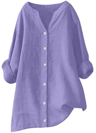 My Orders Womens Linen Tops UK 2025 Long Sleeve Plus Size Shirts Summer Cotton Linen Button Down Blouses Ladies Casual V Neck Roll Up Sleeve Tee Comfy Solid Loose Fit Tops T-Shirts