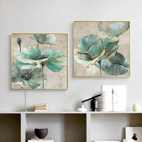 HMXQLW Abstraktes Grün Gold Blume Wandbilder Modernes Bilder kunstdrucke Wohnzimmer Deko,Leinwandbilder Poster und Drucke Wandkunst Schlafzimmer Rahmenlos (2X40X40CM)