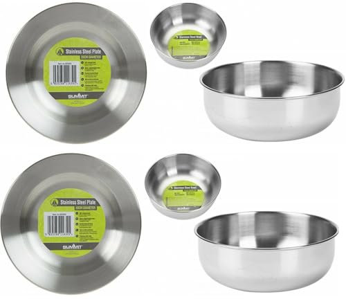 Set of 2 Stainless Steel Camping Plates & 2 Bowls – Lightweight, Durable & Reusable Tableware for Outdoor Adventures