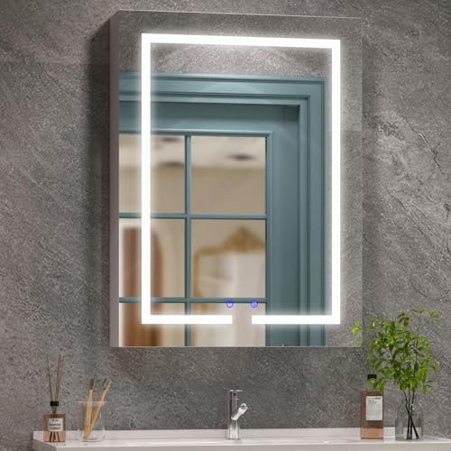 Jooli H LED Bathroom Mirror Cabinet, 600 x 800 mm Illuminated Bathroom Cabinet Mirror with 3 Colors Dimmable Lights, Shaver Socket, Demister Pad and Touch Sensor