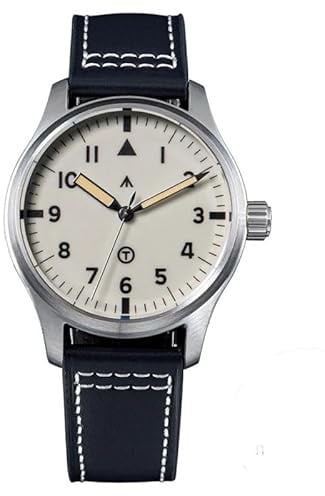 Seestern Full Lume Automatik S424 Stahl Leder Schwarz Saphir Pilot Herrenuhr, beige, Armband