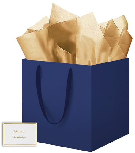 HONTIUS Geschenktüten Groß, 11.8 Quadratische Geschenktüten Geschenktüte xxl mit Taschentuch und Karten, Lächeln Geschenk Tüte Papiertüten mit Henkel 30 * 30 * 30cm Gift Bag Bags (Blau, 1 Stück)