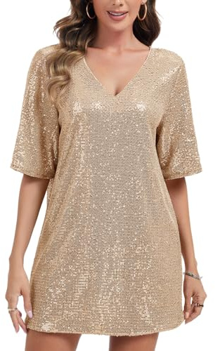 Kyzoeyou Women's Glitter Sequin Dress Sparkle Crew Neck V-Neck Half Sleeve Loose Backless Mini T-Shirt Dresses for Party Club Cocktail(Champagne X-Large) | Women's Glitter Sequin Dress Sparkle Crew Neck V-Neck Half Sleeve Loose Backless Mini T-Shirt Dresses for Party Club Cocktail